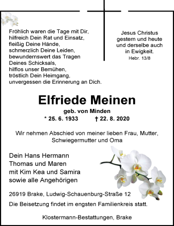 Traueranzeige von Elfriede Meinen von Nordwest-Zeitung