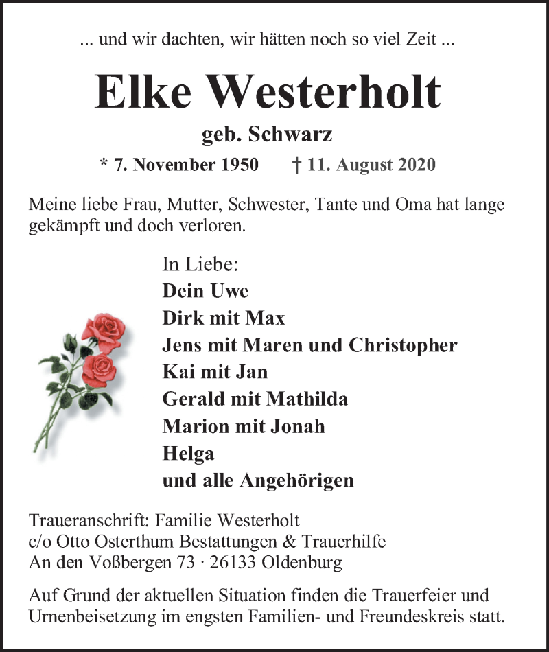 Traueranzeige für Elke Westerholt vom 15.08.2020 aus Nordwest-Zeitung