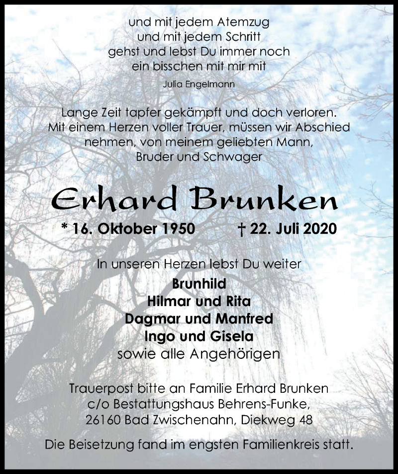  Traueranzeige für Erhard Brunken vom 01.08.2020 aus Nordwest-Zeitung