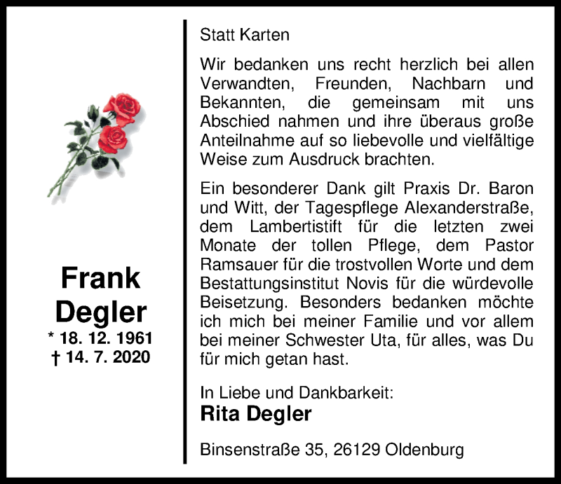  Traueranzeige für Frank Degler vom 22.08.2020 aus Nordwest-Zeitung