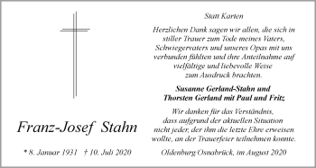 Traueranzeige von Franz-Josef Stahn von Nordwest-Zeitung