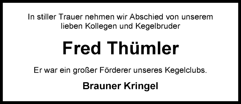 Traueranzeige für Fred Thümler vom 15.08.2020 aus Nordwest-Zeitung