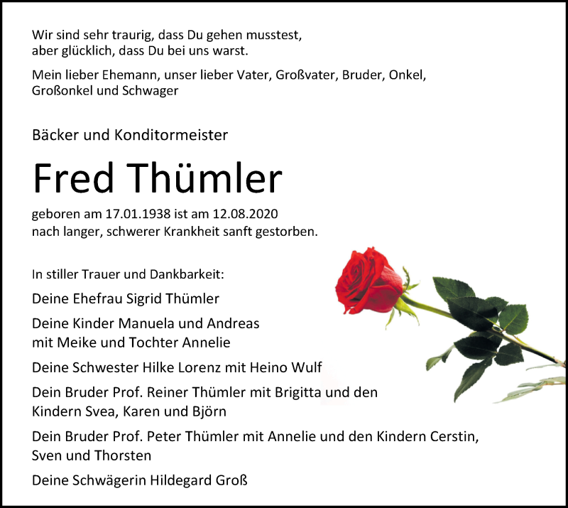  Traueranzeige für Fred Thümler vom 19.08.2020 aus Nordwest-Zeitung