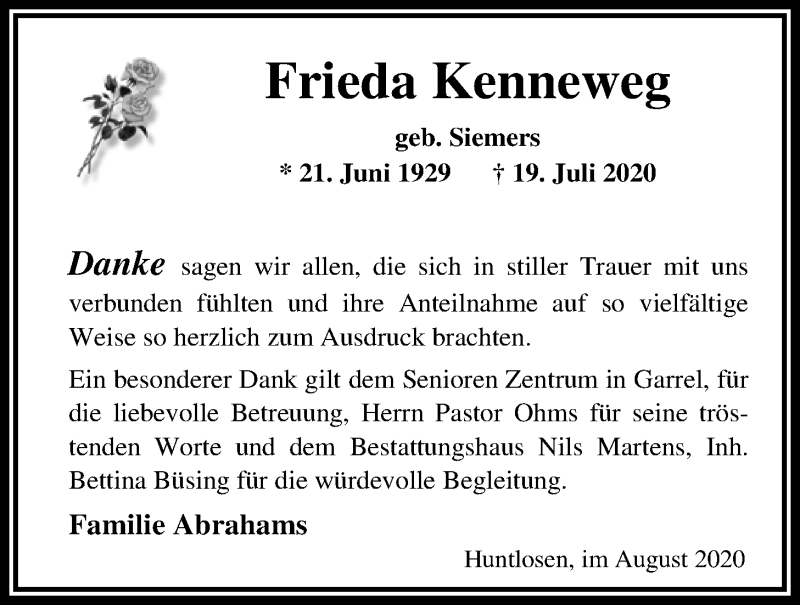  Traueranzeige für Frieda Kenneweg vom 07.08.2020 aus Nordwest-Zeitung