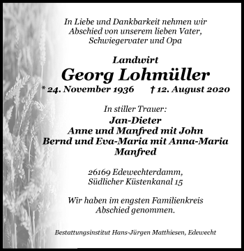 Traueranzeige von Georg Lohmüller von Nordwest-Zeitung