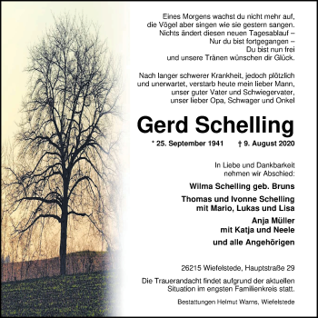 Traueranzeige von Gerd Schelling von Nordwest-Zeitung