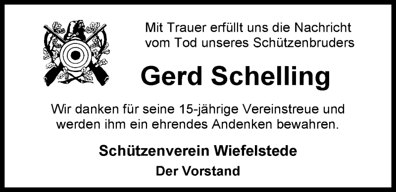  Traueranzeige für Gerd Schelling vom 13.08.2020 aus Nordwest-Zeitung