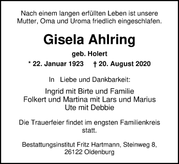 Traueranzeige von Gisela Ahlring von Nordwest-Zeitung