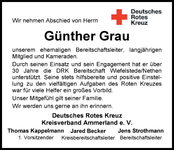 Traueranzeige von Günther Grau von Nordwest-Zeitung