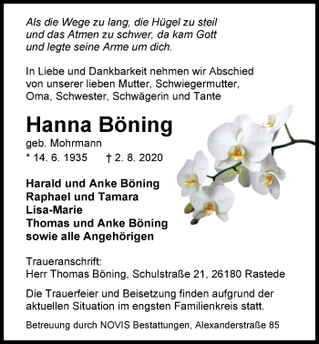 Traueranzeige von Hanna Böning von Nordwest-Zeitung
