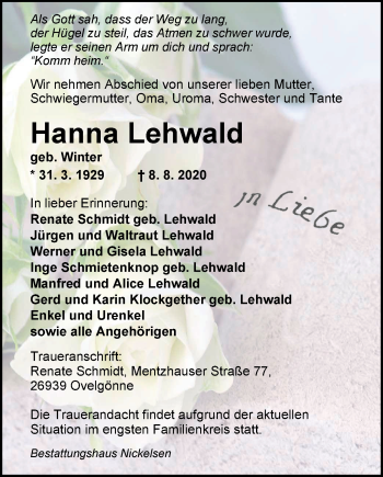 Traueranzeige von Hanna Lehwald von Nordwest-Zeitung