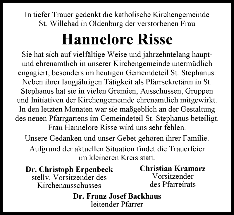  Traueranzeige für Hannelore Risse vom 29.08.2020 aus Nordwest-Zeitung