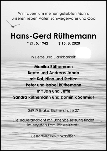 Traueranzeige von Hans-Gerd Rüthemann von Nordwest-Zeitung