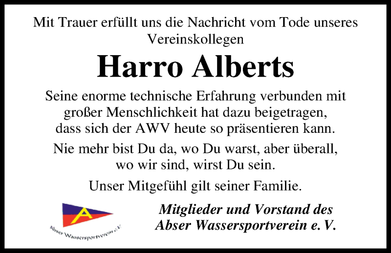  Traueranzeige für Harro Alberts vom 08.08.2020 aus Nordwest-Zeitung