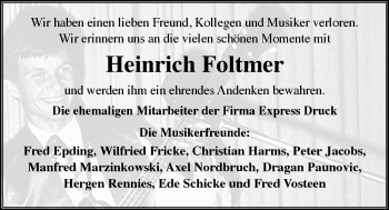 Traueranzeige von Heinrich Foltmer von Nordwest-Zeitung