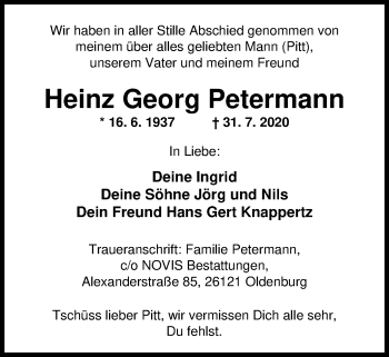 Traueranzeige von Heinz Georg Petermann von Nordwest-Zeitung