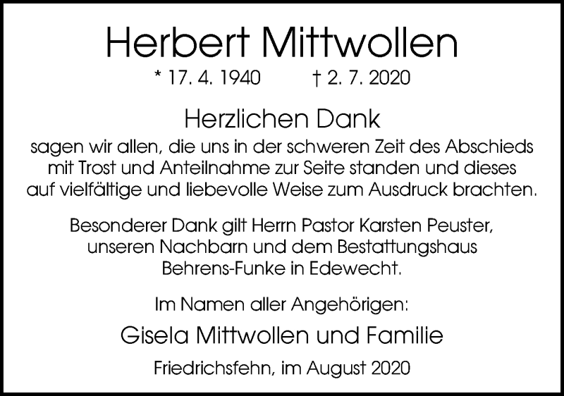  Traueranzeige für Herbert Mittwollen vom 08.08.2020 aus Nordwest-Zeitung