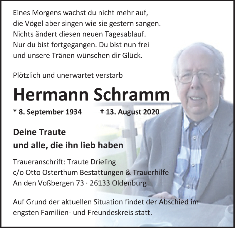  Traueranzeige für Hermann Schramm vom 18.08.2020 aus Nordwest-Zeitung