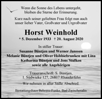 Traueranzeige von Horst Weinhold von Nordwest-Zeitung