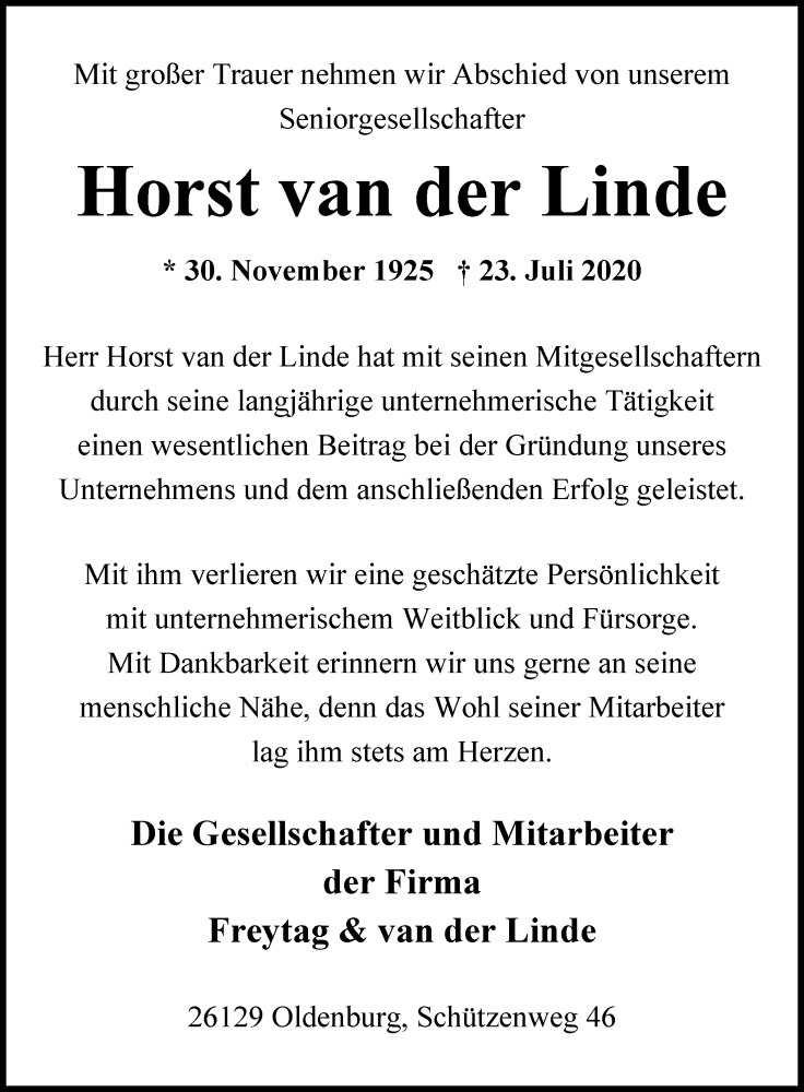  Traueranzeige für Horst van der Linde vom 08.08.2020 aus Nordwest-Zeitung