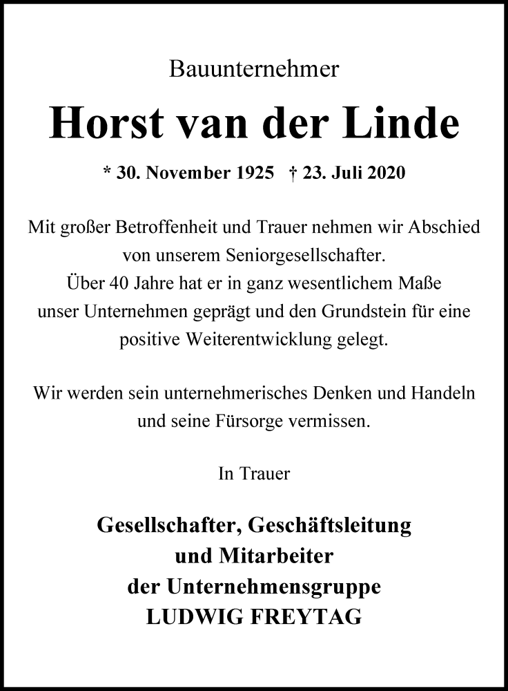  Traueranzeige für Horst van der Linde vom 08.08.2020 aus Nordwest-Zeitung