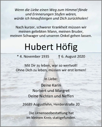 Traueranzeige von Hubert Höfig von Nordwest-Zeitung