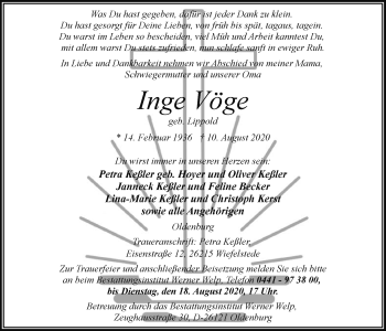 Traueranzeige von Inge Vöge von Nordwest-Zeitung