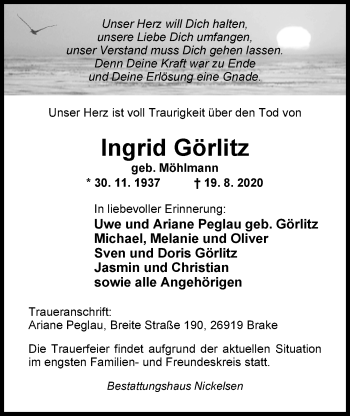 Traueranzeige von Ingrid Görlitz von Nordwest-Zeitung