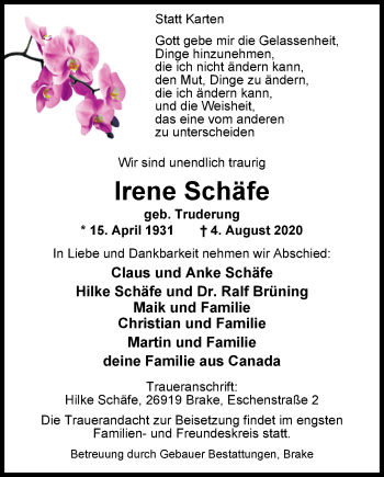 Traueranzeige von Irene Schäfe von Nordwest-Zeitung