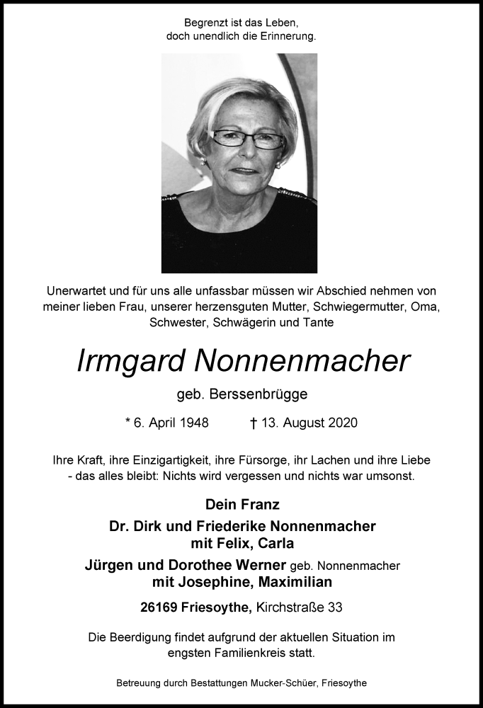  Traueranzeige für Irmgard Nonnenmacher vom 15.08.2020 aus Nordwest-Zeitung