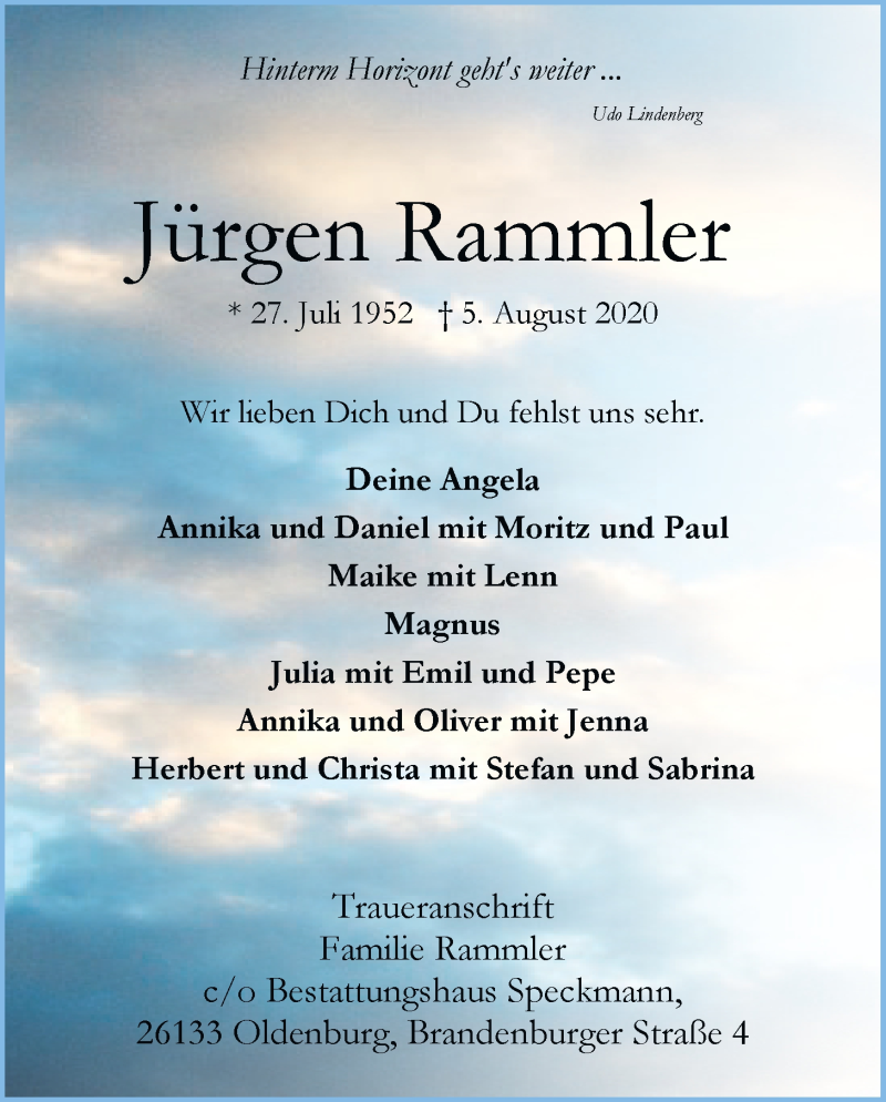  Traueranzeige für Jürgen Rammler vom 10.08.2020 aus Nordwest-Zeitung