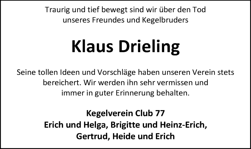  Traueranzeige für Klaus Drieling vom 26.08.2020 aus Nordwest-Zeitung