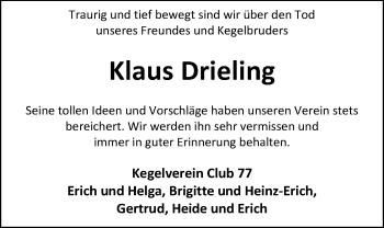 Traueranzeige von Klaus Drieling von Nordwest-Zeitung