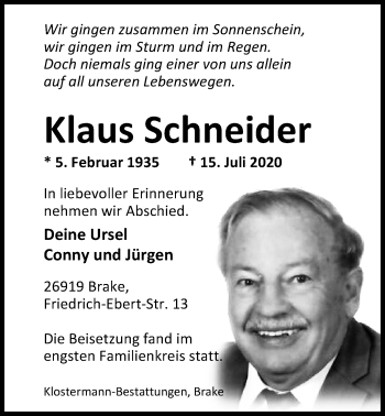 Traueranzeige von Klaus Schneider von Nordwest-Zeitung