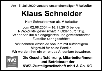 Traueranzeige von Klaus Schneider von Nordwest-Zeitung