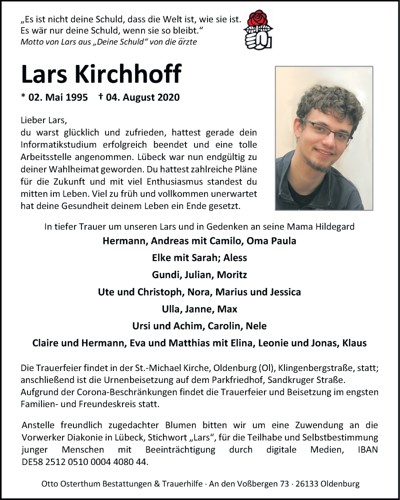  Traueranzeige für Lars Kirchhoff vom 15.08.2020 aus Nordwest-Zeitung