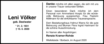 Traueranzeige von Leni Völker von Nordwest-Zeitung