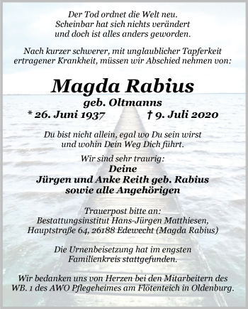 Traueranzeige von Magda Rabius von Nordwest-Zeitung