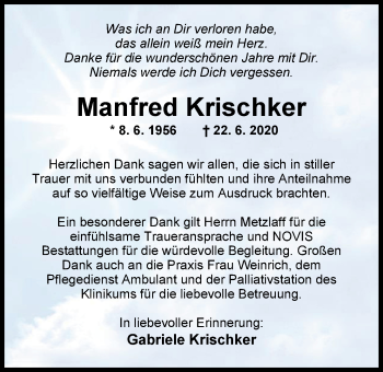 Traueranzeige von Manfred Krischker von Nordwest-Zeitung