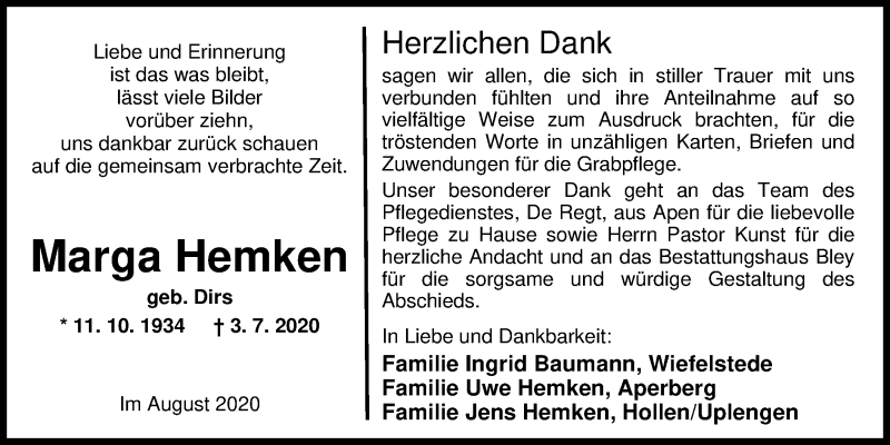  Traueranzeige für Marga Hemken vom 08.08.2020 aus Nordwest-Zeitung