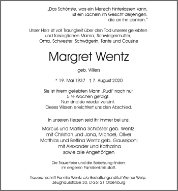 Traueranzeige von Margret Wentz von Nordwest-Zeitung