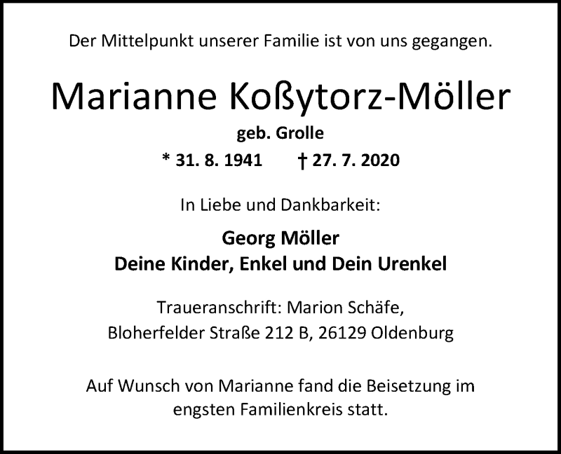  Traueranzeige für Marianne Koßytorz-Möller vom 20.08.2020 aus Nordwest-Zeitung