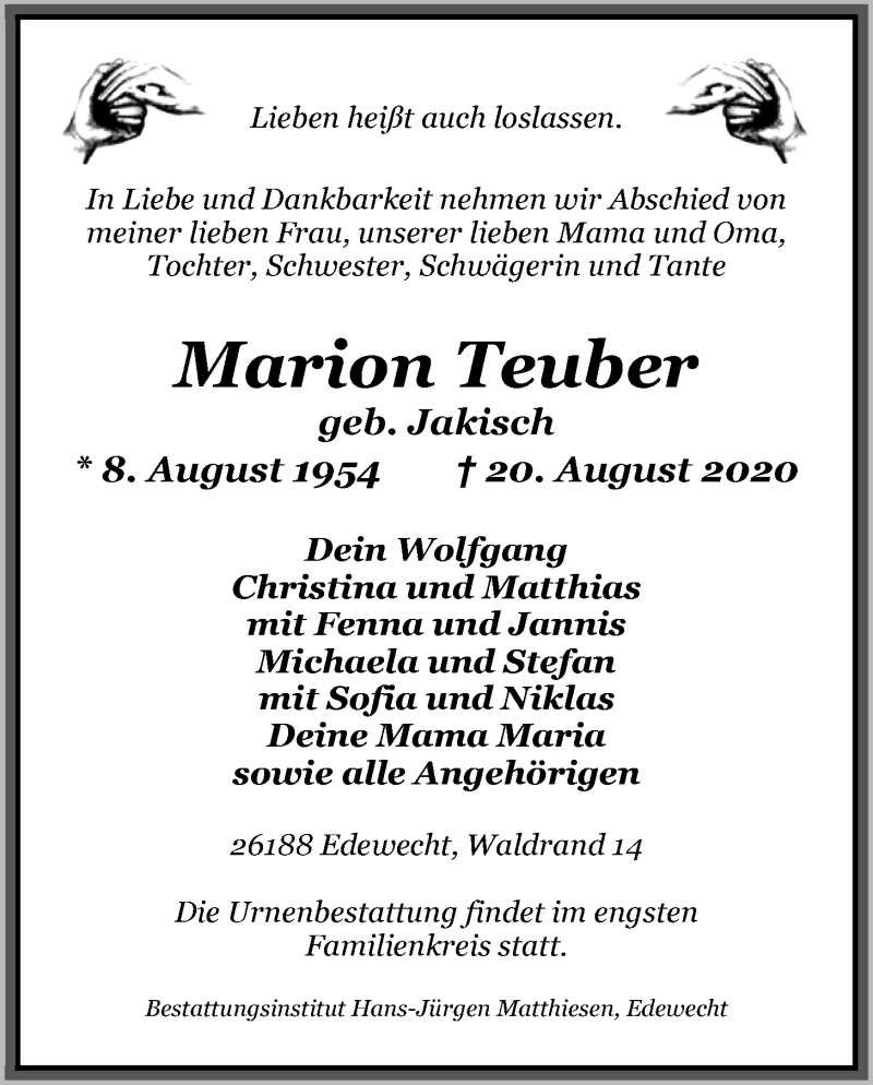  Traueranzeige für Marion Teuber vom 25.08.2020 aus Nordwest-Zeitung