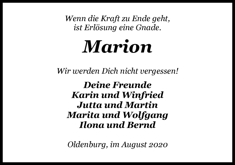  Traueranzeige für Marion Teuber vom 25.08.2020 aus Nordwest-Zeitung