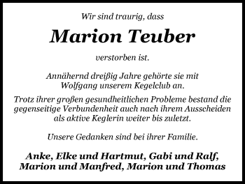 Traueranzeige von Marion Teuber von Nordwest-Zeitung