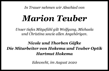 Traueranzeige von Marion Teuber von Nordwest-Zeitung