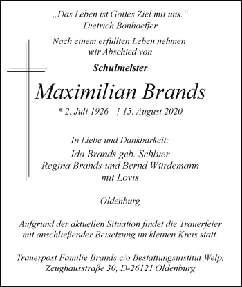 Traueranzeige von Maximilian Brands von Nordwest-Zeitung