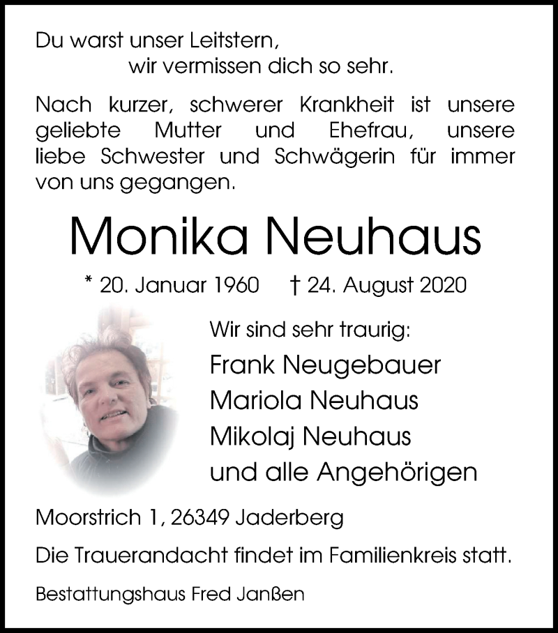  Traueranzeige für Monika Neuhaus vom 27.08.2020 aus Nordwest-Zeitung