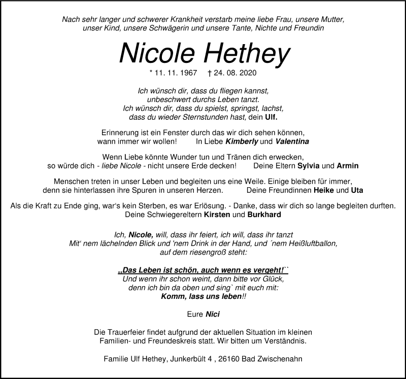  Traueranzeige für Nicole Hethey vom 28.08.2020 aus Nordwest-Zeitung