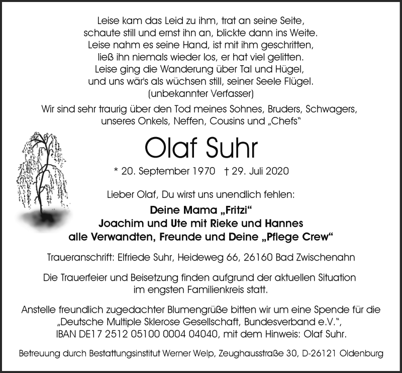  Traueranzeige für Olaf Suhr vom 01.08.2020 aus Nordwest-Zeitung